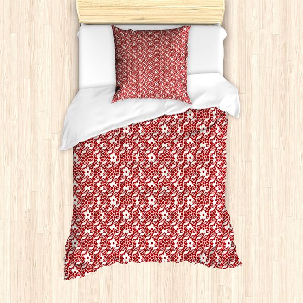 Abakuhaus Set Copripiumino Cinese Per Letti Singoli, Foglie E Fiori Intrecciati, Antiacaro E Anallergico, Con Federa, 135 Cm X 200 Cm - 80 X 80 Cm, Vermiglio E Avorio-image