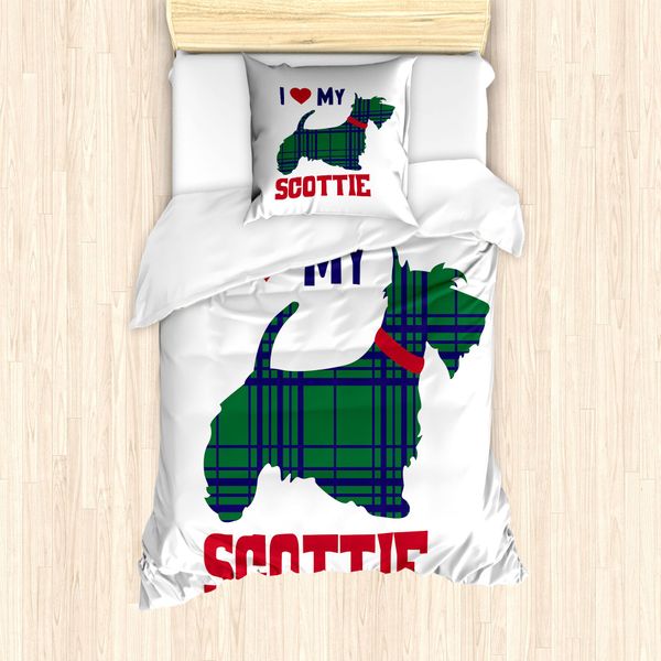 Abakuhaus Set Copripiumino Scottie Dog Per Letti Singoli, Scritta "I Heart My Scottie"", Antiacaro, Adatto A Chi Soffre Di Allergie, Con Federa, 135 Cm X 200 Cm - 80 X 80 Cm, Blu Scuro, Verde E Rubino"-image