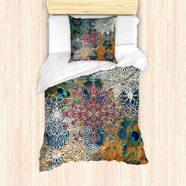Abakuhaus Set Copripiumino Etnico, Composizione Vintage In Stile Asiatico Orientale Con Fiori Mandala E Piume Di Pavone, 135 X 200 Cm + 80 X 80 Cm, Multicolore-image