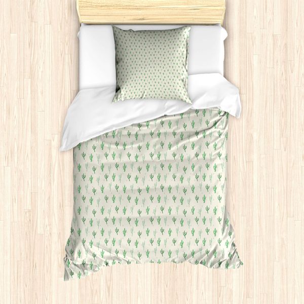 Abakuhaus Set Copripiumino Per Letti Singoli, Motivo Vivid Minimal Cacti, Antiacaro E Anallergico, Con Federa, 135 Cm X 200 Cm - 80 X 80 Cm, Color Guscio D'uovo E Verde Felce-image