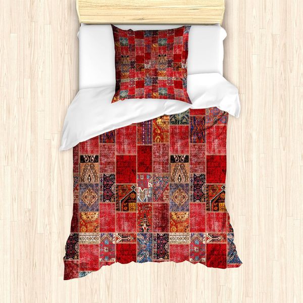 Set Copripiumino Abakuhaus In Stile Orientale, Motivo Arabesco Dai Toni Caldi Grunge Con Decorazioni, 135 X 200 Cm + 80 X 80 Cm, Corallo Scuro Multicolore-image
