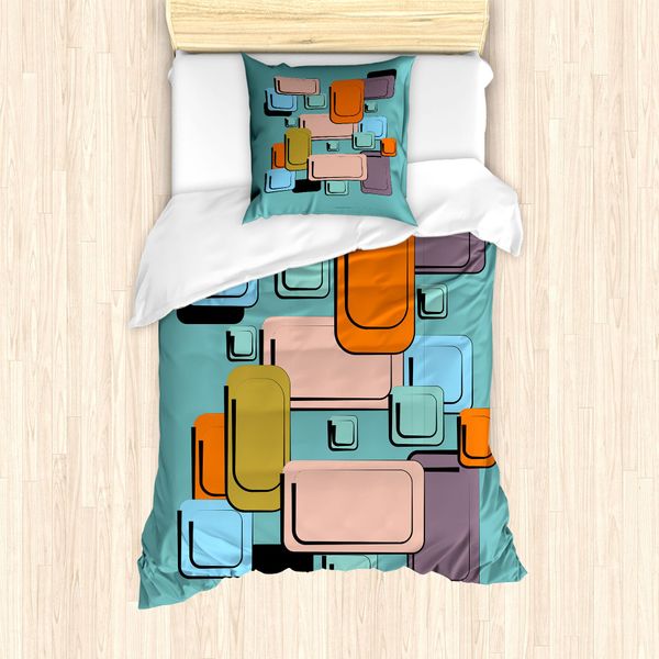 Set Copripiumino Retrò Abakuhaus Per Letti Singoli, Forme Geometriche Rettangolari, Antiacaro, Adatto A Chi Soffre Di Allergie, Con Federa, 135 Cm X 200 Cm - 80 X 80 Cm, Multicolore-image