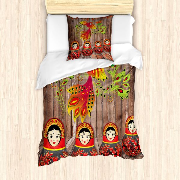 Abakuhaus Set Copripiumino Etnico Per Letti Singoli, Bambole Russe Folcloristiche, Antiacaro, Adatto A Chi Soffre Di Allergie, Con Federa, 135 Cm X 200 Cm - 80 X 80 Cm, Multicolore-image
