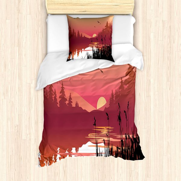 Abakuhaus Set Copripiumino Per Letto Singolo, Calma Tramonto Fiume, Antiacaro Adatto A Chi Soffre Di Allergie Con Federa, 135 Cm X 200 Cm - 80 X 80 Cm, Arancione Chiaro Nero-image