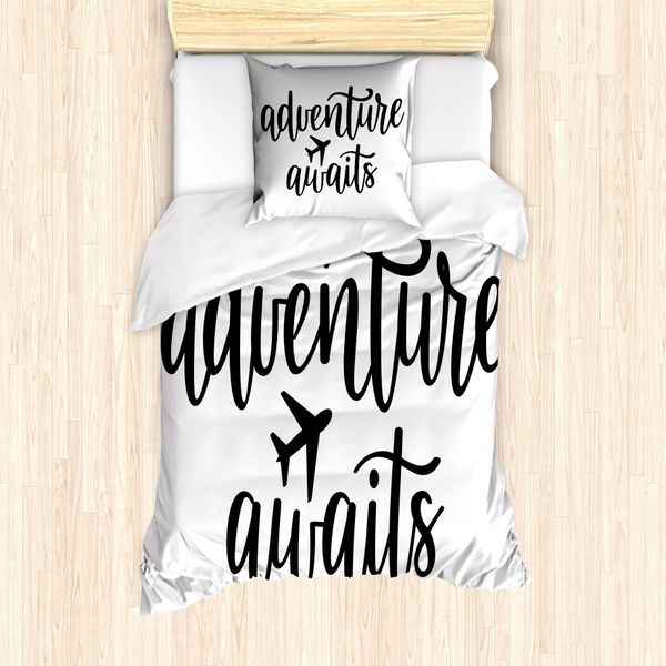 Abakuhaus Set Copripiumino Per Letti Singoli, Tipografia Monocromatica Travel, Antiacaro, Adatto A Chi Soffre Di Allergie, Con Federa, 135 Cm X 200 Cm - 80 X 80 Cm, Bianco E Nero-image