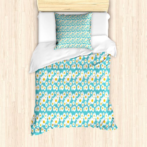 Abakuhaus Set Copripiumino Per Letto Singolo, Margherite Deformate, Antiacaro, Adatto A Chi Soffre Di Allergie, Con Federa, 135 Cm X 200 Cm - 80 X 80 Cm, Blu, Giallo E Bianco-image
