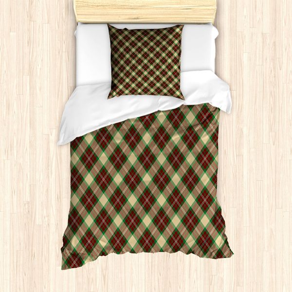 Set Copripiumino Abakuhaus Per Letti Singoli, Diagonal Squares Klassik, Antiacaro, Adatto A Chi Soffre Di Allergie, Con Federa, 135 Cm X 200 Cm - 80 X 80 Cm, Beige Verde Rubino-image