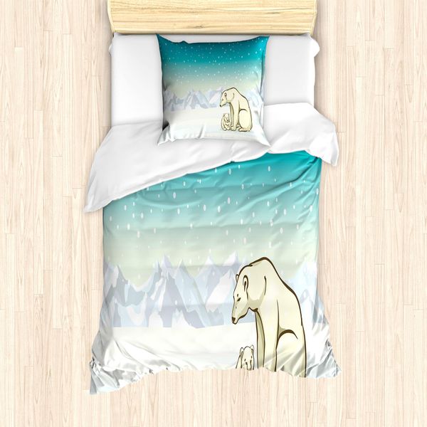 Abakuhaus Set Copripiumino Per Letto Singolo, Famiglia Di Animali Artici, Antiacaro, Adatto A Chi Soffre Di Allergie, Con Federa, 135 Cm X 200 Cm - 80 X 80 Cm, Turchese Crema Bianco-image