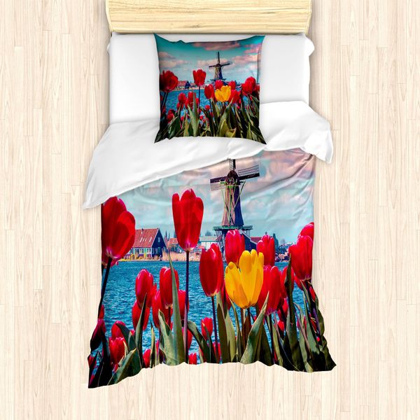 Abakuhaus Amsterdam Set Copripiumino Per Letti Singoli, Idilliaci Tulipani Primaverili, Antiacaro, Adatto A Chi Soffre Di Allergie, Con Federa, 135 Cm X 200 Cm - 80 X 80 Cm, Multicolore-image
