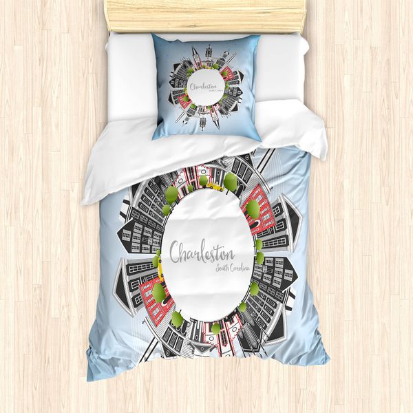 Abakuhaus Set Copripiumino Charleston Per Letti Singoli, Edifici Su Un Globo, Antiacaro, Adatto A Chi Soffre Di Allergie, Con Federa, 135 Cm X 200 Cm - 80 X 80 Cm, Multicolore-image
