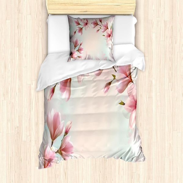 Set Copripiumino Abakuhaus Magnolia, Effetto Doppia Esposizione Petali Rosa Delicati E Rami Germoglianti, 135 X 200 Cm + 80 X 80 Cm, Corallo Scuro-image