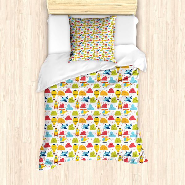 Abakuhaus Set Copripiumino Per Lettini Singoli, Nuvole, Palloncini, Aeroplani, Antiacaro, Adatto A Chi Soffre Di Allergie, Con Federa, 135 Cm X 200 Cm - 80 X 80 Cm, Multicolore-image