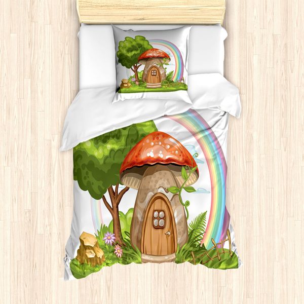 Abakuhaus Set Copripiumino Fantasia Per Letti Singoli, Magic World Casa Dei Funghi, Antiacaro, Adatto A Chi Soffre Di Allergie, Con Federa, 135 Cm X 200 Cm - 80 X 80 Cm, Multicolore-image