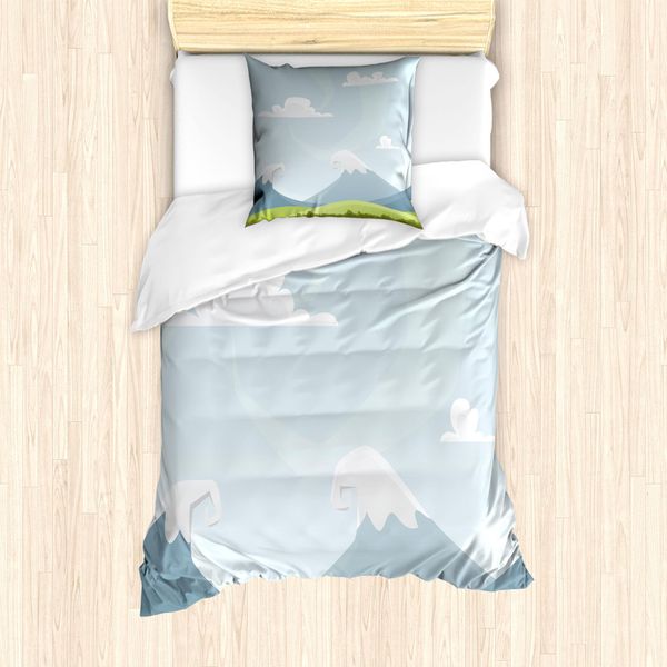 Abakuhaus Set Copripiumino Per Letto Singolo, Cartoon-Berge Idylle, Antiacaro, Adatto A Chi Soffre Di Allergie, Con Federa, 135 Cm X 200 Cm - 80 X 80 Cm, Grigio-Verde Azzurro Pallido-image