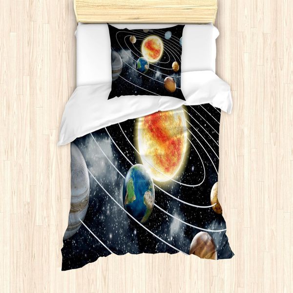 Set Copripiumino Abakuhaus Space, Sistema Solare Con Elementi Dell'universo Sole Terra Marte E Urano, 135 X 200 Cm + 80 X 80 Cm, Multicolore-image