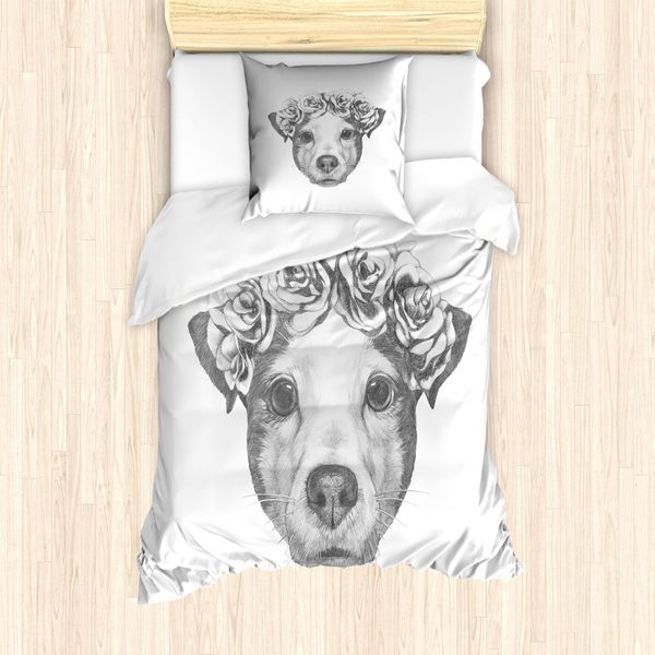 Abakuhaus Set Copripiumino Jack Russell Per Letti Singoli, Coroncina Floreale, Antiacaro, Adatto A Chi Soffre Di Allergie, Con Federa, 135 Cm X 200 Cm - 80 X 80 Cm, Grigio Bianco-image