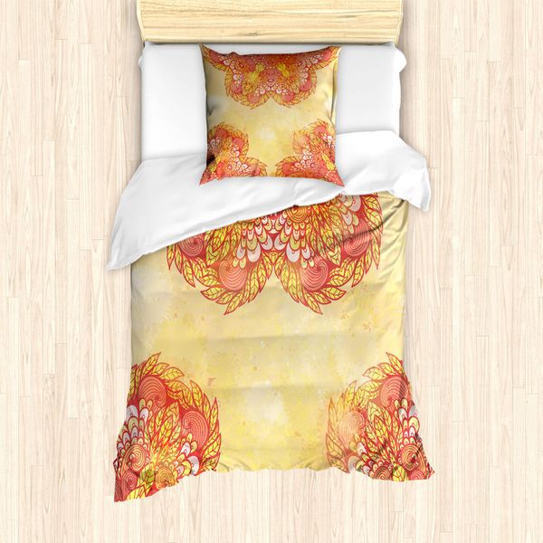 Set Copripiumino Abakuhaus Mandala Per Letti Singoli, Patchwork Fiori E Foglie, Antiacaro E Anallergico, Con Federa, 135 Cm X 200 Cm - 80 X 80 Cm, Giallo Pallido Multicolore-image