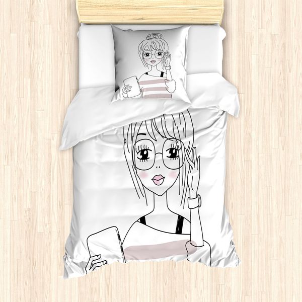Abakuhaus Set Copripiumino Nerdy Per Letti Singoli, Ragazza Hipster Fugace Tablet, Antiacaro, Adatto A Chi Soffre Di Allergie, Con Federa, 135 Cm X 200 Cm - 80 X 80 Cm, Pale Mauve Coke Grey-image