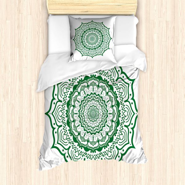 Abakuhaus Set Copripiumino Verde Mandala Per Letti Singoli, Design Vintage Orientale, Antiacaro E Anallergico Con Federa, 135 Cm X 200 Cm - 80 X 80 Cm, Verde E Bianco-image