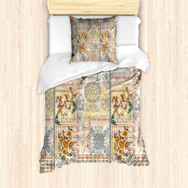 Abakuhaus Set Copripiumino Per Letto Singolo, Motivo Floreale Etnico, Antiacaro E Anallergico Con Federa, 135 Cm X 200 Cm - 80 X 80 Cm, Avorio E Multicolore-image