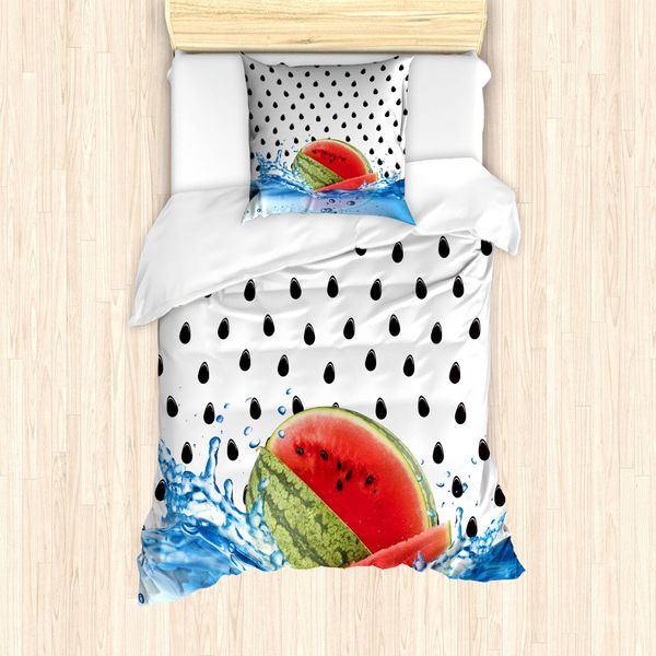 Abakuhaus Set Copripiumino Per Letto Singolo Con Motivo Anguria, Semi Di Frutta Sull'acqua, Antiacaro, Adatto A Chi Soffre Di Allergie, Con Federa, 135 Cm X 200 Cm - 80 X 80 Cm, Multicolore-image