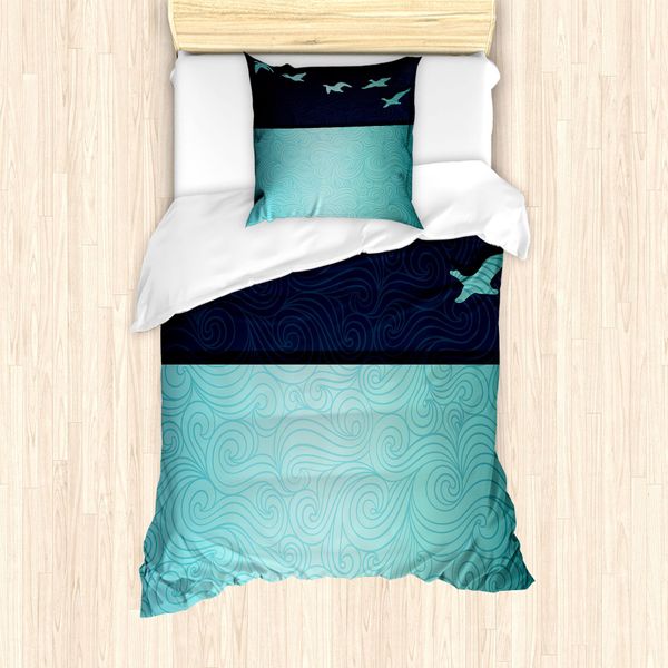 Abakuhaus Set Copripiumino Per Letto Singolo, Motivo Ornamentale Con Uccelli Astratti, Antiacaro E Anallergico, Con Federa, 135 Cm X 200 Cm - 80 X 80 Cm, Azzurro Pallido E Blu Notte-image