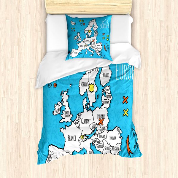 Abakuhaus Set Copripiumino Europeo Per Letti Singoli, Mappa Dettagliata Dell'europa, Antiacaro, Adatto A Chi Soffre Di Allergie, Con Federa, 135 Cm X 200 Cm - 80 X 80 Cm, Multicolore-image