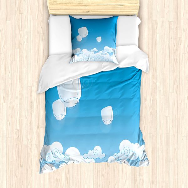 Abakuhaus Set Copripiumino Wolke Per Letti Singoli, Lanterna Che Galleggia Nel Cielo, Antiacaro Adatto A Chi Soffre Di Allergie Con Federa, 135 Cm X 200 Cm - 80 X 80 Cm, Azzurro, Bianco E Blu-image