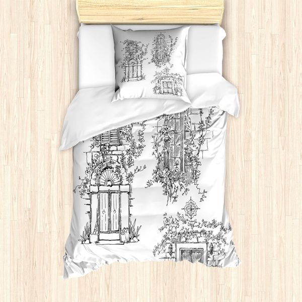 Abakuhaus Città Case Antiche Set Copripiumino, Disegno Di Una Vecchia Strada Con Illustrazione Windows In Stile Vintage, 135 X 200 Cm + 80 X 80 Cm, Bianco E Nero-image