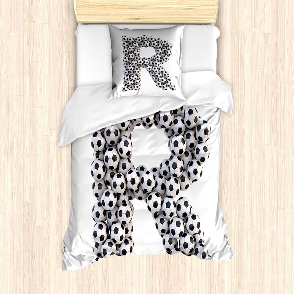 Abakuhaus Lettera R Set Copripiumino Per Letti Singoli, Tema Calcio Sport, Antiacaro Adatto A Chi Soffre Di Allergie Con Federa, 135 Cm X 200 Cm - 80 X 80 Cm, Bianco E Nero-image