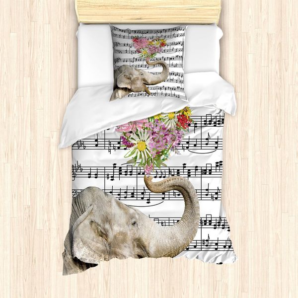 Set Copripiumino Abakuhaus Elefante, Grande Animale Con Cuore Fiorito Su Sfondo Musicale, 135 X 200 Cm + 80 X 80 Cm, Multicolore-image