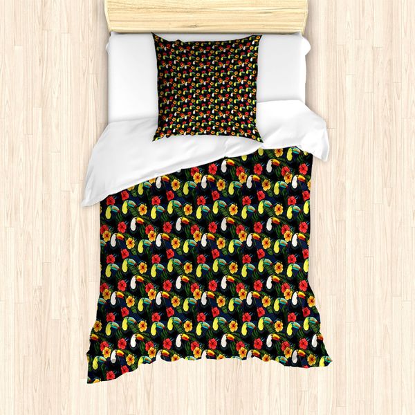 Abakuhaus Set Copripiumino Per Letto Singolo, Uccelli Tucani E Foglie Di Ibisco, Antiacaro E Anallergico, Con Federa, 135 Cm X 200 Cm - 80 X 80 Cm, Multicolore-image