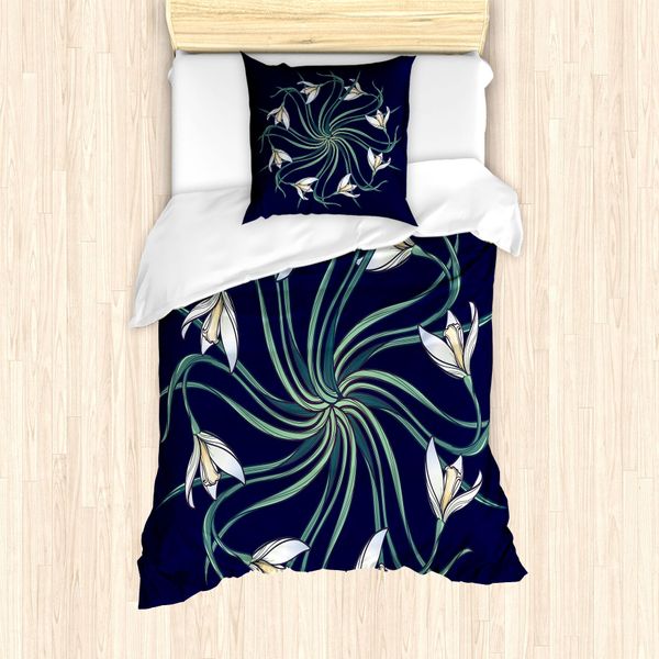 Abakuhaus Set Copripiumino Per Letto Singolo, Design Floreale Art Nouveau, Antiacaro E Anallergico, Con Federa, 135 Cm X 200 Cm - 80 X 80 Cm, Indaco Verde Chiaro-image