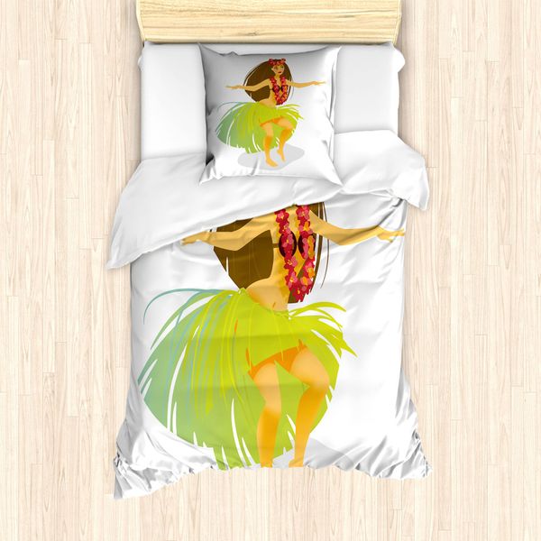 Abakuhaus Set Copripiumino Per Letto Singolo Hula Girl, Donna Sulla Spiaggia Aloha, Antiacaro, Adatto A Chi Soffre Di Allergie, Con Federa, 135 Cm X 200 Cm - 80 X 80 Cm, Multicolore-image