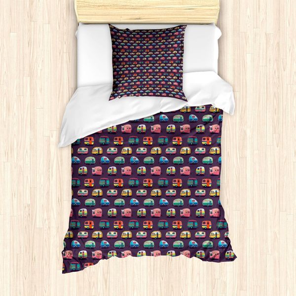 Abakuhaus Set Copripiumino Happy Camper, Grazioso Motivo Retrò A Tema Viaggi Con Grafica Colorata Di Furgoncini, 135 X 200 Cm + 80 X 80 Cm, Multicolore-image