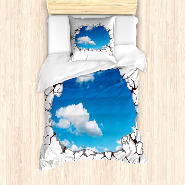 Abakuhaus Set Copripiumino Per Letto Singolo, Motivo Nuvole, Moderno, Antiacaro, Adatto A Chi Soffre Di Allergie, Con Federa, 135 Cm X 200 Cm - 80 X 80 Cm, Bianco E Blu-image