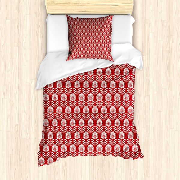 Abakuhaus Set Copripiumino Etnico Per Letti Singoli, Classico Intramontabile, Antiacaro E Anallergico Con Federa, 135 Cm X 200 Cm - 80 X 80 Cm, Vermiglio E Bianco-image
