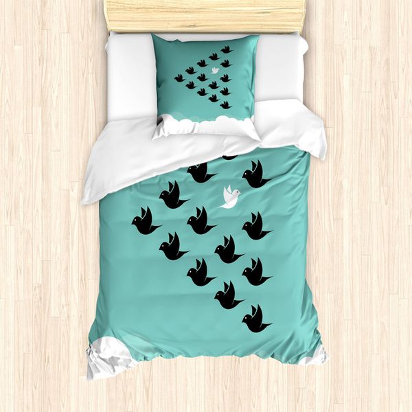 Abakuhaus Set Copripiumino Per Letto Singolo, Sagome Di Uccelli Sulle Nuvole, Antiacaro, Adatto A Chi Soffre Di Allergie, Con Federa, 135 Cm X 200 Cm - 80 X 80 Cm, Seafoam Coke Grey-image