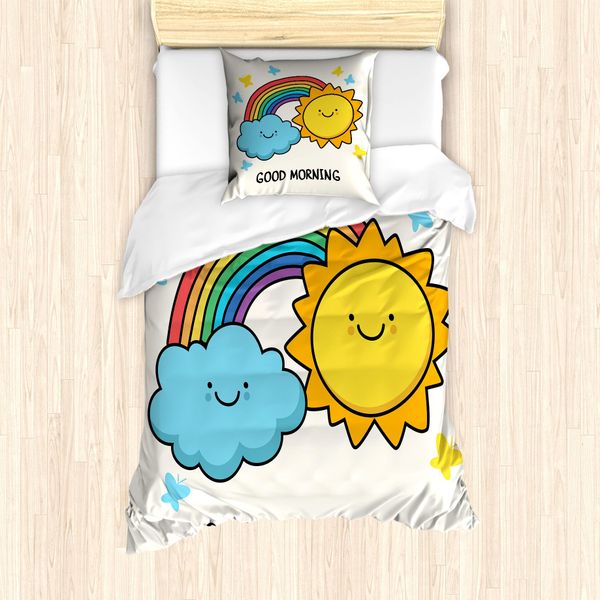 Abakuhaus Set Copripiumino Per Letti Singoli, Divertente Disegno Animato Con Sole E Nuvola, Antiacaro E Anallergico, Con Federa, 135 Cm X 200 Cm - 80 X 80 Cm, Multicolore-image