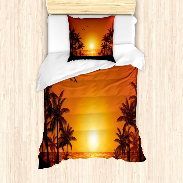 Abakuhaus Set Copripiumino Per Letto Singolo, Tropic Tramonto Alberi Sole Mare, Antiacaro Adatto A Chi Soffre Di Allergie Con Federa, 135 Cm X 200 Cm - 80 X 80 Cm, Arancione Bruciato Marrone Sigillo-image