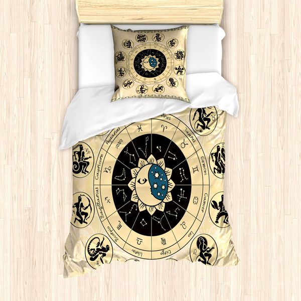Abakuhaus Set Copripiumino Per Letti Singoli, Mystic Horoscope Wheel Art, Antiacaro, Adatto A Chi Soffre Di Allergie, Con Federa, 135 Cm X 200 Cm - 80 X 80 Cm, Beige Coke Grigio-image