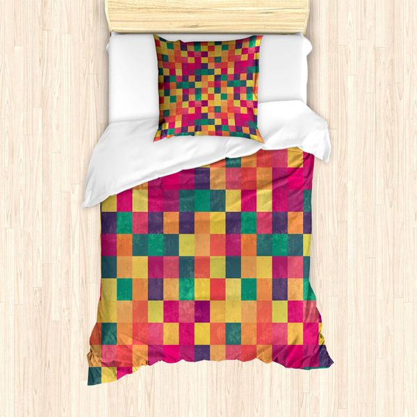 Abakuhaus Set Copripiumino Astratto Per Letti Singoli, Quadrati Colorati Vintage, Antiacaro, Adatto A Chi Soffre Di Allergie, Con Federa, 135 Cm X 200 Cm - 80 X 80 Cm, Multicolore-image