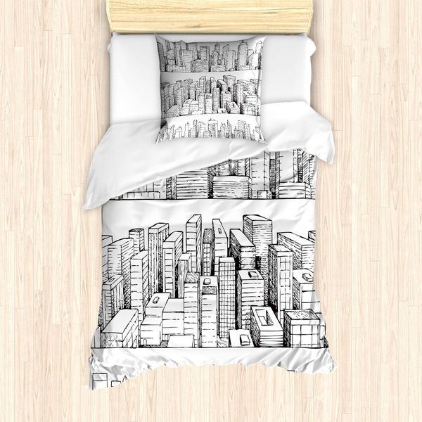 Abakuhaus Set Copripiumino Per Letti Singoli, Linea Grattacieli, Antiacaro, Adatto A Chi Soffre Di Allergie, Con Federa, 135 Cm X 200 Cm - 80 X 80 Cm, Grigio Antracite Bianco-image