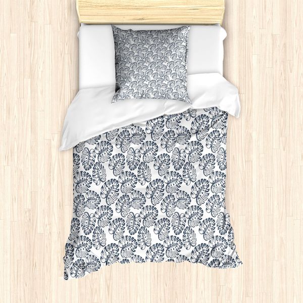 Abakuhaus Set Copripiumino Esotico Per Letti Singoli, Motivo Monstera Leaves, Antiacaro E Anallergico, Con Federa, 135 Cm X 200 Cm - 80 X 80 Cm, Blu Scuro-Bianco-image