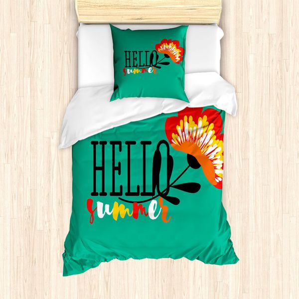 Abakuhaus Set Copripiumino Hello Summer Per Letti Singoli, Motivo Floreale Hello Summer, Antiacaro, Adatto A Chi Soffre Di Allergie, Con Federa, 135 Cm X 200 Cm - 80 X 80 Cm, Verde Mare Nero-image