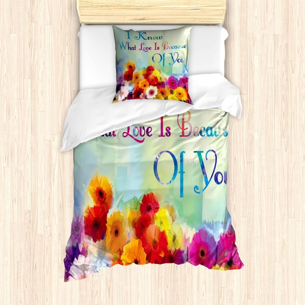Abakuhaus Set Copripiumino Per Letto Singolo Con Proverbio, Parole Romantiche Con Fiori, Antiacaro, Adatto A Chi Soffre Di Allergie, Con Federa, 135 Cm X 200 Cm - 80 X 80 Cm, Multicolore-image