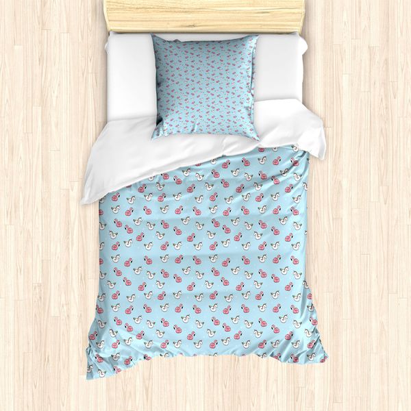 Abakuhaus Set Copripiumino Per Letto Singolo, Unicorno E Fenicottero In Gomma, Antiacaro E Anallergico, Con Federa, 135 Cm X 200 Cm - 80 X 80 Cm, Azzurro Pallido E Bianco-image