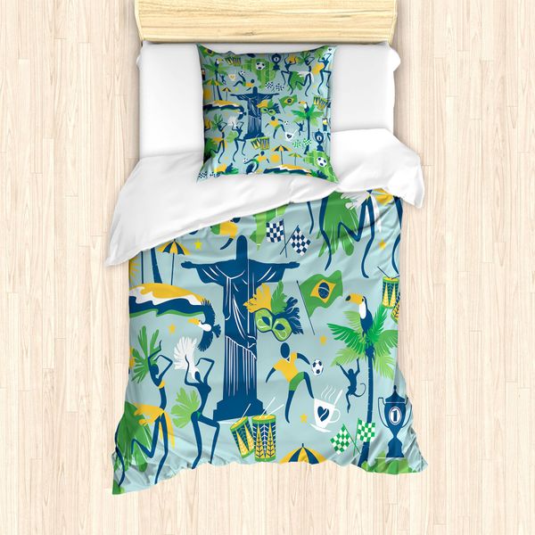 Abakuhaus Set Copripiumino Per Letti Singoli, Tema Cultura Brasiliana, Antiacaro, Adatto A Chi Soffre Di Allergie, Con Federa, 135 Cm X 200 Cm - 80 X 80 Cm, Fern Green Dark Sky Blue-image