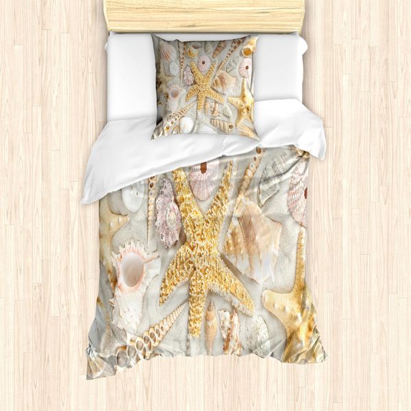 Abakuhaus Set Copripiumino Per Letto Singolo, Conchiglie Assortite, Spiaggia Sabbiosa, Antiacaro, Adatto A Chi Soffre Di Allergie, Con Federa, 135 Cm X 200 Cm - 80 X 80 Cm, Multicolore-image