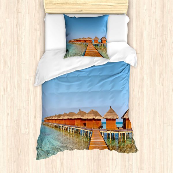 Abakuhaus Set Copripiumino Strand Pathway Per Letti Singoli, Bungalow Alle Maldive, Antiacaro, Adatto A Chi Soffre Di Allergie, Con Federa, 135 Cm X 200 Cm - 80 X 80 Cm, Sky Blue Cinnamon-image